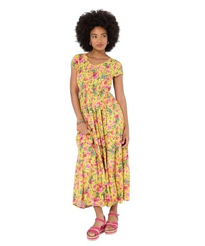 Image of Joe Browns Women's Printed Crinkle Maxi Dress with Tiered Skirt and Elasticated Waist, Petite, Yellow, UK 16