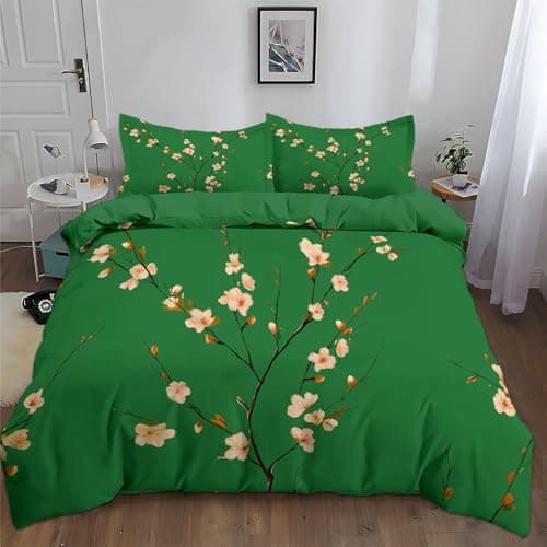 Image of Duvet Cover Chinoiserie Traditional Painting Peach Blossom Small Single Reversible Bedding Set, Soft Breathable Microfibre 120 x 150 cm Easy Care Hypoallergenic Quilt Cover, for Elders Bedroom Green