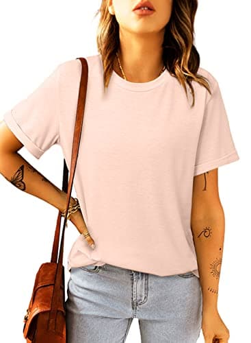 Image of Suncife Womens Summer Casual Crewneck Basic Tshirts Short Sleeve T Shirt Tees Tops (Pink,L)