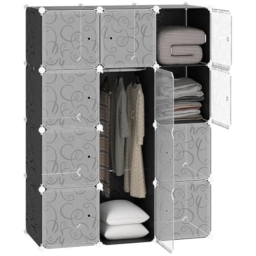Image of HOMCOM Portable Wardrobe for Bedroom, 12 Cube Closet with 2 Hanging Rails, Modular Storage Cabinet, Plastic Armoire for Space Saving, White and Black