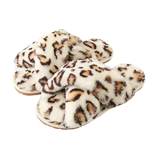 Image of Womens & Girls Slippers Ladies Fluffy Plush House Slippers Cozy Open Toe Faux Fur Sliders for Girls Warm Sandals Indoor Winter Label Size 38-39 White Leopard UK 4-5