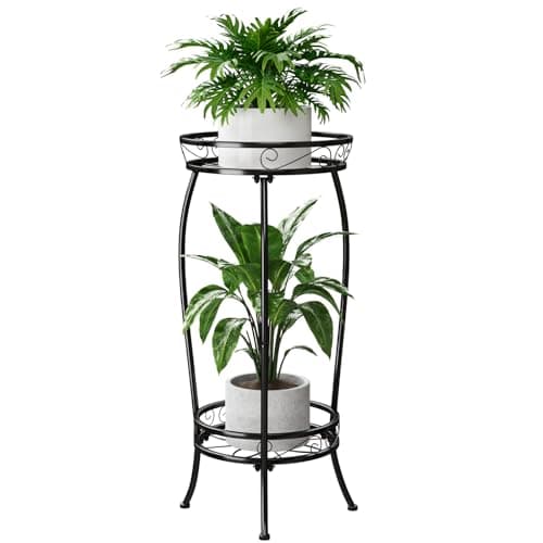 Image of Bamworld Plant Stand Indoor Metal 2 Tier Plant Shelf Black Plant Holder Large Plant Rack for Mutiple Plants Pots for Patio Garden Corner Balcony Living Room