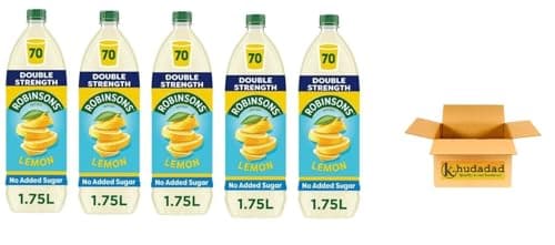 Image of Robinson's Double Strength No Added Sugar Squash 1.75L Squash Pack Of 5 Apple & Blackcurrant, Orange & Pineapple, Summer Fruits, Orange, Lemon (1.75L, Lemon)