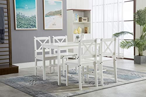 Image of mcc direct Classic Solid Wooden Dining Table and 4 Chairs Set Kitchen Home [Grey/White/natural] (White)