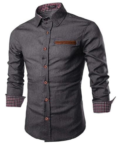 Image of COOFANDY Men's Shirts Long Sleeve Denim Shirt Casual Dress Shirt Slim Fit Button Down Cotton Cowboy Shirts with Plaid Collar Grey S