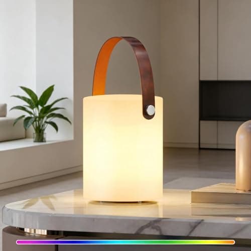 Image of FUYO Outdoor Lanterns, Cordless Rechargeable Table Lamp, RGB LED Night Lights with Remote, IP44 Water-Resistant Camping Lamp for Patio, Camping, Garden, Dining Room (Leather Handle)