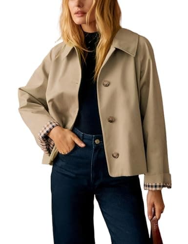 Image of Dqbeng Womens Cropped Trench Coat Classic Collar Oversized Casual Jackets with Checkered Lining, Tan, Large