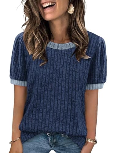 Image of XIEERDUO T Shirts for Women UK Ladies Color Block Short Sleeve Jumpers Casual Womens Tops Size 22-24 Navy Blue