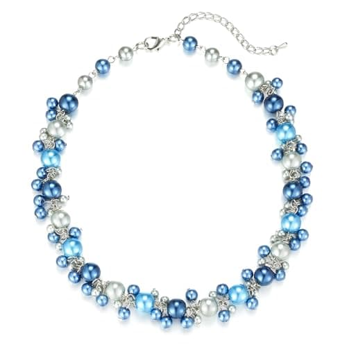 Image of BULINLIN Chunky Pearl Necklaces Statement Pearl Choker Necklaces for Women with Small Pendant Handmade Costume Jewellery Gifts for Mum Mothers Day(Blue)