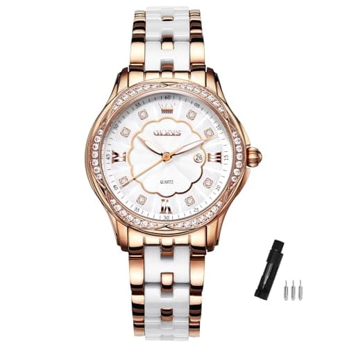 Image of OLEVS Women's Ceramic Watch Quartz Diamond Dial 30M Waterproof Luxury Elegant Wristwatch with Luminous Hands, Ceramic Bracelet for Ladies