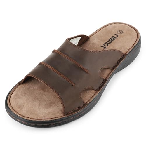 Image of riemot Mens Slide Leather Sandal Summer Beach Indoor and Outdoor Anti-skidding With Two Adjustable Mules/clogs Open Toe Sandals Brown Size UK 9/EU 43