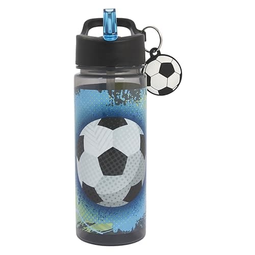 Image of Polar Gear Football 500ml Kids Water Bottle with Straw - Back to School Supplies, Drinks Bottle with Keyring Charm, Black & White