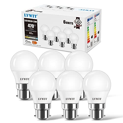Image of LVWIT Bayonet Light Bulb,40W Equivalent,Cool White 6500K,4.9W 470lm B22 LED Bulb,G45 Golf Ball Energy Saving Light Bulbs,150°Wide Beam,Non-dimmable,Pack of 6