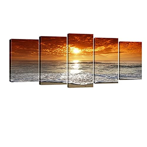 Image of Wieco Art - Grand Sight 5 Piece Modern Landscape Artwork HD Seascape Stretched and Framed Giclee Canvas Prints Ocean Sea Beach Pictures Paintings on Canvas Wall Art for Living Room Bedroom Decorations