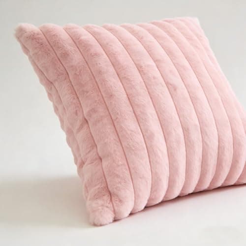 Image of Tivleed 45x45 Cushion Covers, Soft Faux Rabbit Fur Pillow Covers with Hidden Zipper, Modern Striped Design for Sofa Bed Decor (Pink)