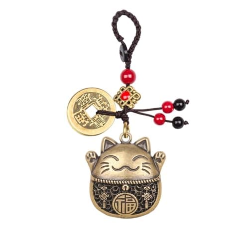 Image of ALUNME Maneki Neko Lucky Cat Brass Keychain with Feng Shui Coins Red Black Beaded Tassel Good Luck Charms Traditional Feng Shui Decor for Bag Purse Car Home Office Accessories