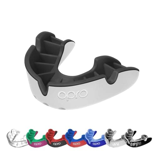 Image of OPRO Silver Level Mouthguard Essential Fit – Gum Shield Adult and Kids – OPRO Mouth Guard Boxing and MMA, Easy Self-Fit Gum Shield Rugby – Superior Protection with Dental Warranty (White/Black)