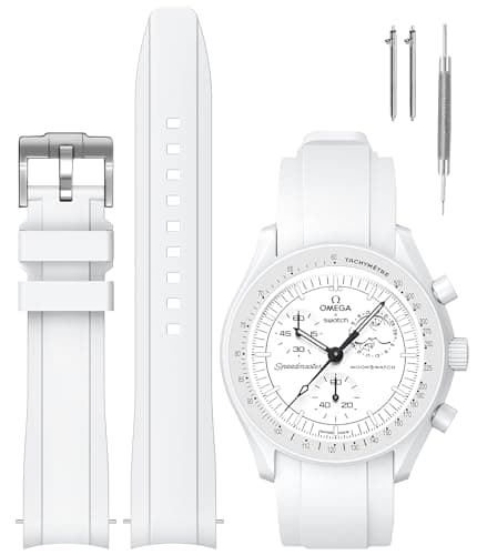 Image of REBANDACE Strap for MoonSwatch Watch,Curved Silicone Replacement Band for Omega X Swatch Speedmaster Moonswatch Watch 20mm,Soft Strap for Swatch Omega Men Women (White)