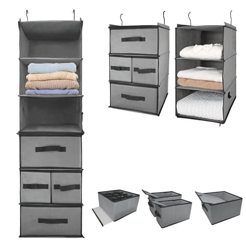 Image of Folzaelar Durable 2-in-1 Hanging Wardrobe Organiser with 4 Removable Drawers & 2 Separable 3-Tier Hanging Shelves Clothes Storage Organization,Space-saving for Closet,Bedroom,Bathroom,Nursery,Dorm,RV