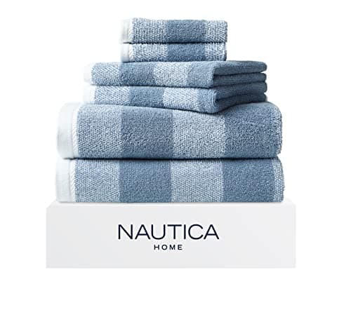 Image of Nautica Highly Absorbent & Quick Dry Towel, Stylish Bathroom Decor & Dorm Room Essentials, 100% Cotton, Oak Lake Medium Blue/Light Blue, 6-Piece