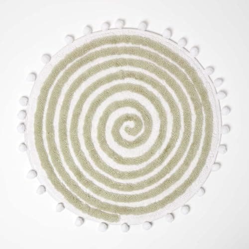 Image of HOMESCAPES Cotton Blend Spiral Bath Mat Sage Green Super Absorbent Tufted Round Bathmat with Pom Poms, 60 cm Round