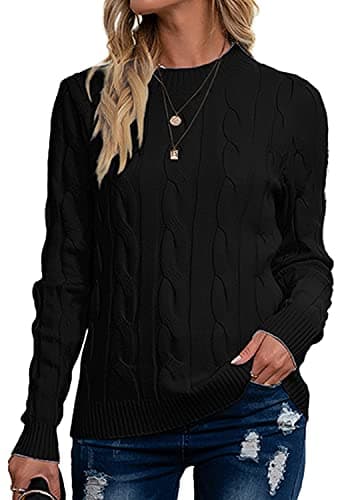 Image of Breampot Women Cable Knit Jumper Casual Basic Long Sleeve Pullover Sweater Tops(Black,Medium)
