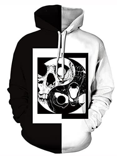 Image of BarbedRose Men's Digital Print Sweatshirts Hooded Top Galaxy Pattern Hoodie, Black White Skull, XXL