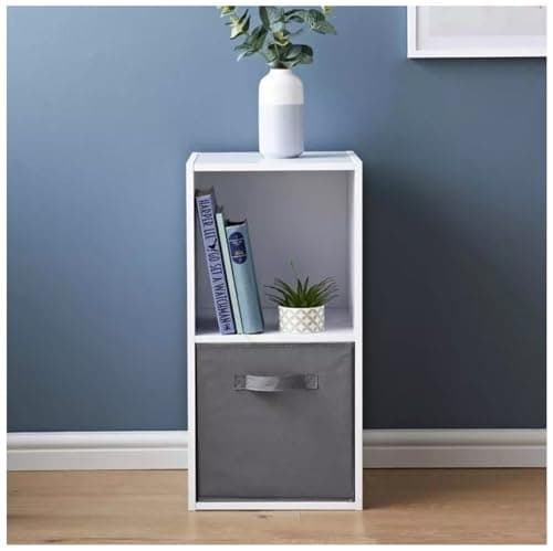 Image of Homme Concept - 2 Cube Storage With 1 Basket, White Living Room Bookcase and Shelving Unit, Kids Bookcases, Free Standing Wooden Bookshelf, Storage Organiser