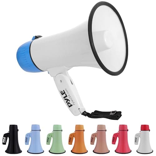 Image of Pyle Rechargeable Megaphone Speaker with Siren, Bullhorn 20W with Loud Speaker, For Music, Whistle and Record Cheer Megaphones, For Soccer Coach and Football Game Day Essentials, White-Blue
