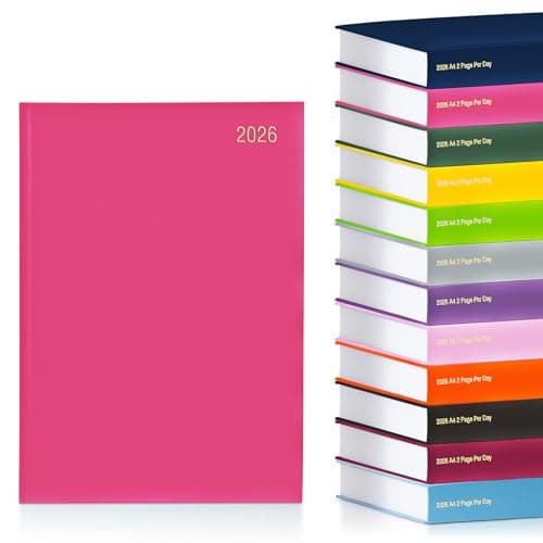 Image of evelay 2026 A4 2 Page Per Day Diary - Hardback Daily Planner Organiser - Large Writing Space for School Home Office & Personal Use (A4, Cerise)