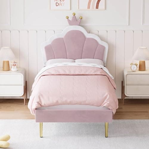 Image of Aptliton Single Bed Frame, Soft Velvet Upholstered Bed, 3ft Shell Shape Bed with Removable Crown, Adjustable Headboard, Golden Iron Legs, Wooden Slatted Frame, 90 * 190cm, Light Pink