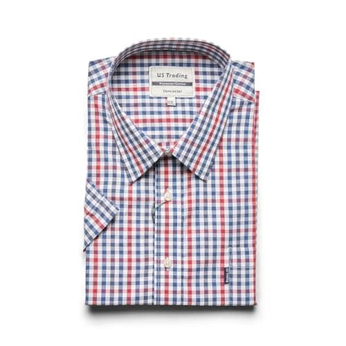 Image of U.S Trading Men's Classic Checkered Tattersall Country Style Long Sleeved Shirts (UK, Alpha, L, Regular, Regular, Doncaster Blue Short Sleeve)