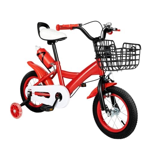 Image of Pinuox 12 Inch Kids Bike with Training Wheels, Disc Brake & Adjustable Seat, Carbon Steel Frame Children’s Bicycle for 2-5 Years, Indoor Outdoor Beginner Bike (Red)