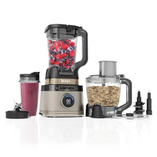 Image of Ninja 3-in-1 Detect Power Blender Processor Pro, Powerful 1200W Blender, Food Processor Bowl, Dough Knife, 3x Single Serving Cups, Jug, Make Pizza Dough, Blend, Chop & Mix, Stone Golden, TB401EUSTGD