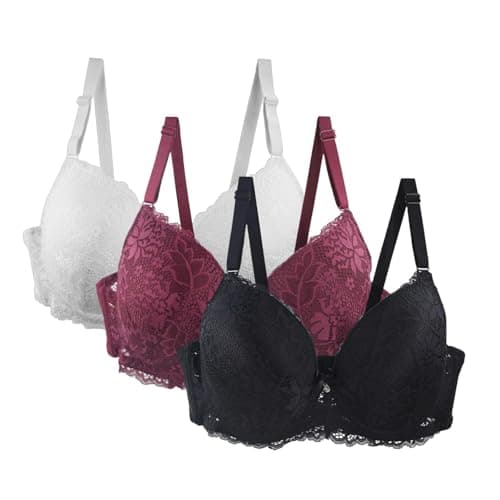 Image of Gyaimxfu Pack of 3 Women's Bra with Underwire Push Up Bra Lace Bra Women Soft Comfortable Sexy Classic Bra with Adjustable Straps Women's Bra Set Women Bra for Sports and Everyday Use 2, hot pink,