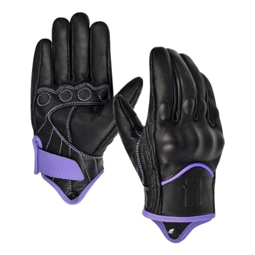 Image of Harssidanzar Womens Full Finger Goatskin Leather Touchscreen Motorcycle Gloves GL016,Purple/Black,Size M