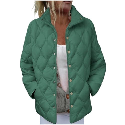 Image of AnnSemo Womens Quilted Jackets Winter Casual Plain Coats Long Sleeve Lightweight Jackets for Women UK Stand Collar Button Up Outerwear Ladies Padded Coats with Pockets