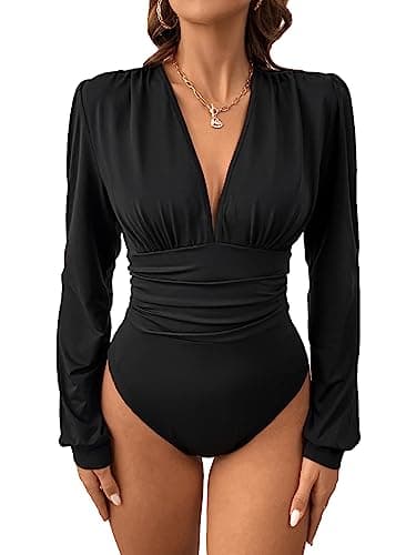 Image of GORGLITTER Women's Plunging Deep V Neck Ruched Leotard Bodysuit Long Sleeve Slim Fit T Shirt Blouse Tops Black Tall L