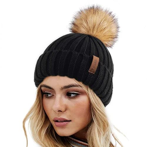 Image of FURTALK Winter Hats for Women Double Layer Fleece Line Beanie Hat with Bobble Pom Pom Hats Black