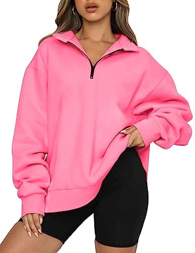 Image of Famulily Women Half Zip V Neck Pullover Sweatshirts Casual Loose Fit Trendy Winter Fleece Hoodies Hot Pink L
