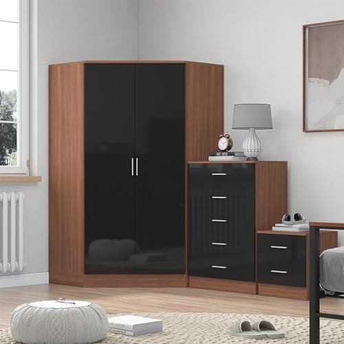 Image of Reflect 2 Door Corner Wardrobe, 5 Drawer Tallboy Chest, 2 Drawer Bedside Table | Black Gloss & Walnut Finish | Modern Bedroom Furniture Set