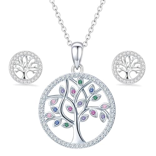 Image of Fengguock Tree of Life Pendant Set, Tree of Life Necklace and Earrings, 925 Sterling Silver Necklace,Ladies Gifts for Women