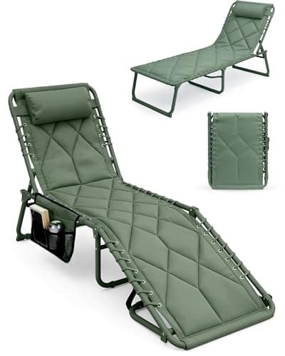 Image of KEPLIN Foldable Sun Lounger Chair - Quilted Outdoor Garden Recliner - Padded 600D Oxford Fabric, 4 Position Adjustable Backrest, Portable Patio Camping Deck Chair 110kg Capacity - Green
