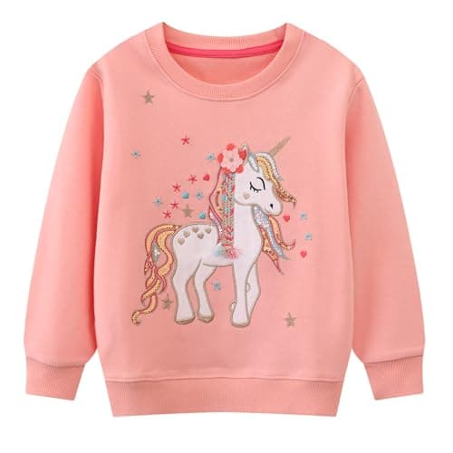 Image of Vckrio Jumpers for Girls Kids Glitter Sequins Pink Cotton Pullover Flowers Embroidery Sweatshirts Long Sleeve Crewneck T-shirt Casual Sports Autumn Winter Hoodless Tops for Children Age 3-4 Years