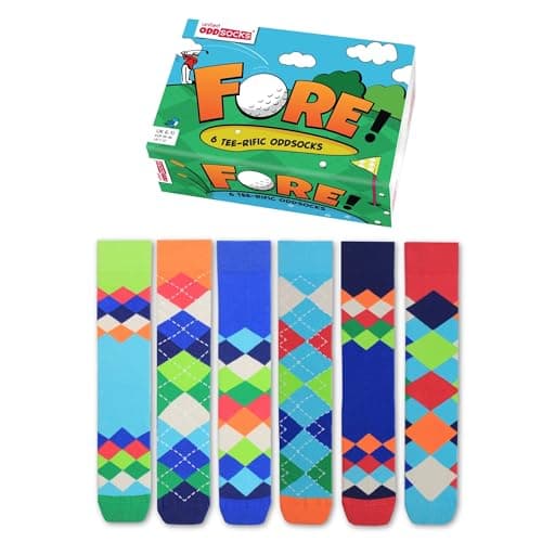 Image of United Oddsocks Fore Gift Box, 6 Golf Inspired Mix and Match Men’s Socks, Colourful Argyle Novelty Socks Mens Multipack, Cotton Rich Socks for Men, Fun Socks for Golf Lovers, UK 6-11 EUR 39-46 US 7-12