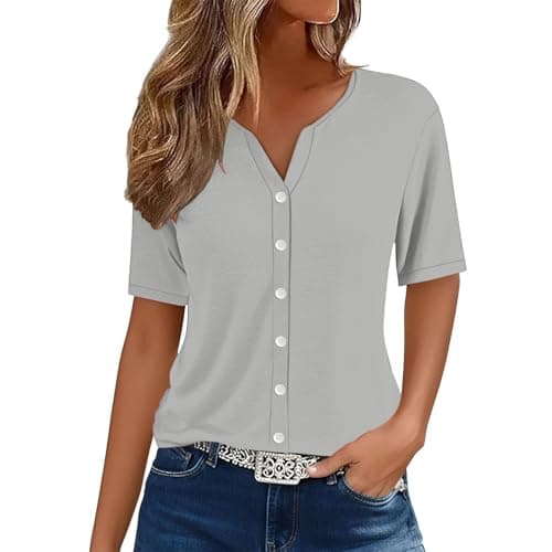 Image of IUYTYSER Summer Tops for Women UK Casusal Womens Fashion 2026 V Neck Print Shirts Casual Button Down Short Sleeve Blouses (Grey, XXXL) Office Ladies White Up Shirt Cotton Work and Blouse Fitted