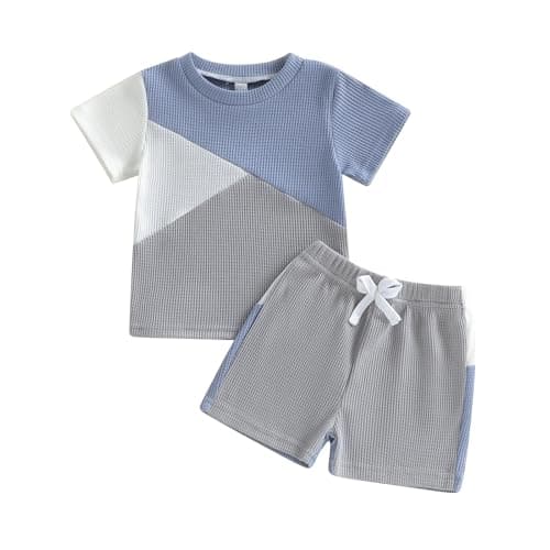 Image of Vioyavo Toddler Kid Boys Summer Clothes Set Contrast Color Short Sleeve T-shirt Elastic Waist Shorts 2 Pieces Casual Outfit (Blue, 2-3T)