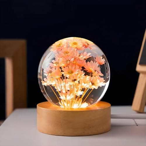 Image of Livoravoli Red Daisy Lamp, Flower Crystal Ball Night Light, 6cm Glass Ball Night Lamp with Wooden Base, LED Night Light for Bedroom, Living Room, Home Decor, Gifts for Women