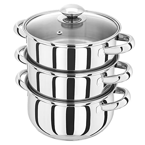 Image of Judge Essentials Stainless Steel 3 Tier Steamer 18cm, Vented Glass Lid, Integral Casserole Pot, Oven Safe, Induction Ready