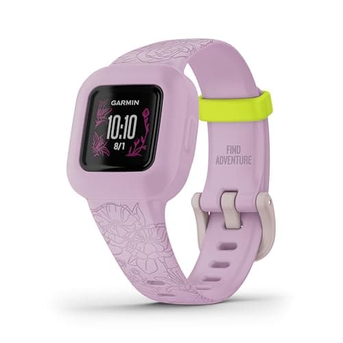 Image of Garmin vívofit Jr.3, fitness tracker for Kids, includes interactive app experience, swim-friendly, up to 1-year battery life, adjustable watch band, Lilac Floral